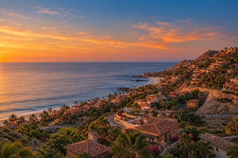 Sunset over the Palmilla coastline in Los Cabos, hillside estates above the Sea of Cortez